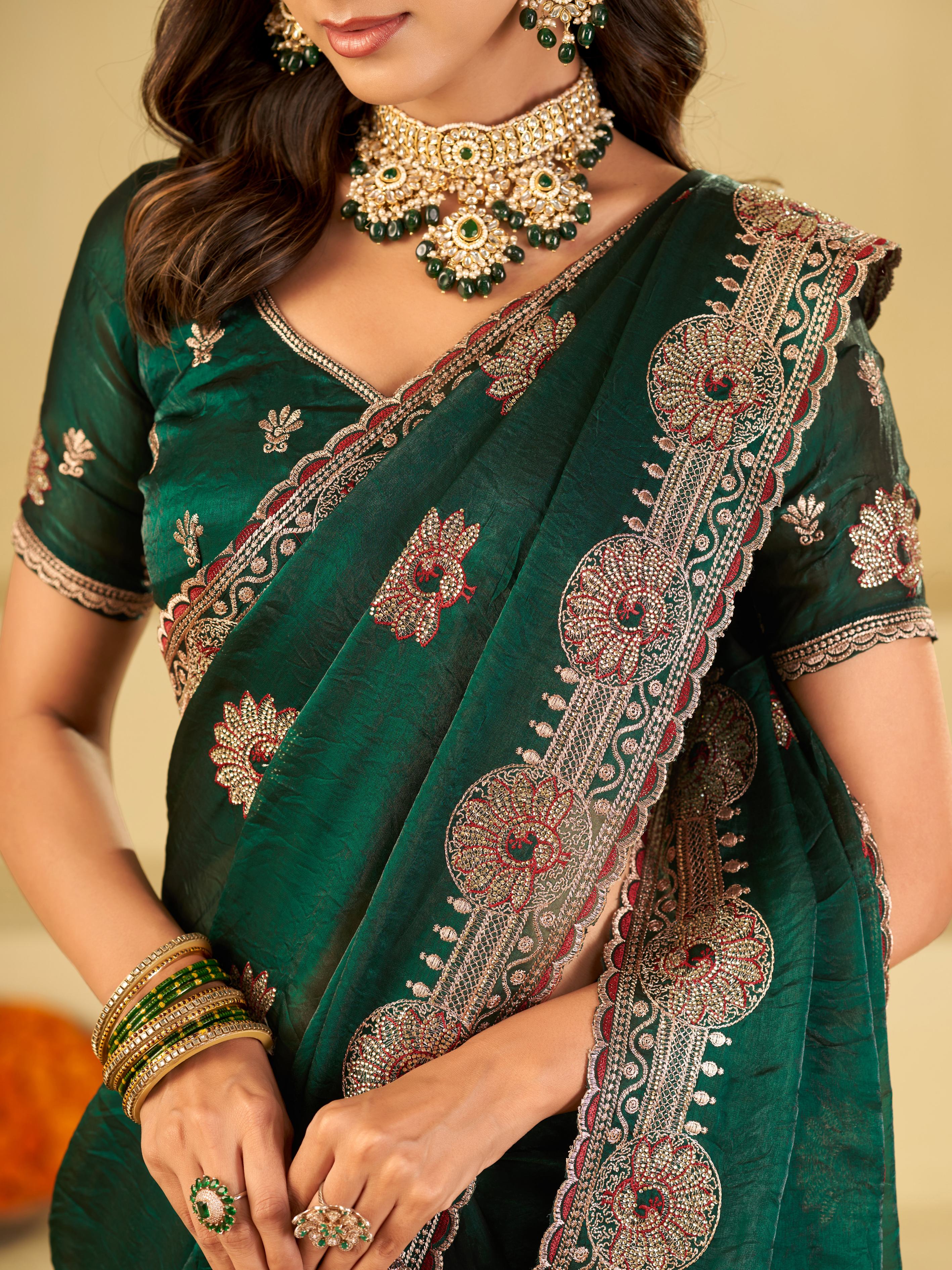 Emerald Green Designer Fendy Satin Saree with Heavy Embroidered Border | Premium Festive Party Wear Saree with Elegant Floral Embroidery & Matching Blouse