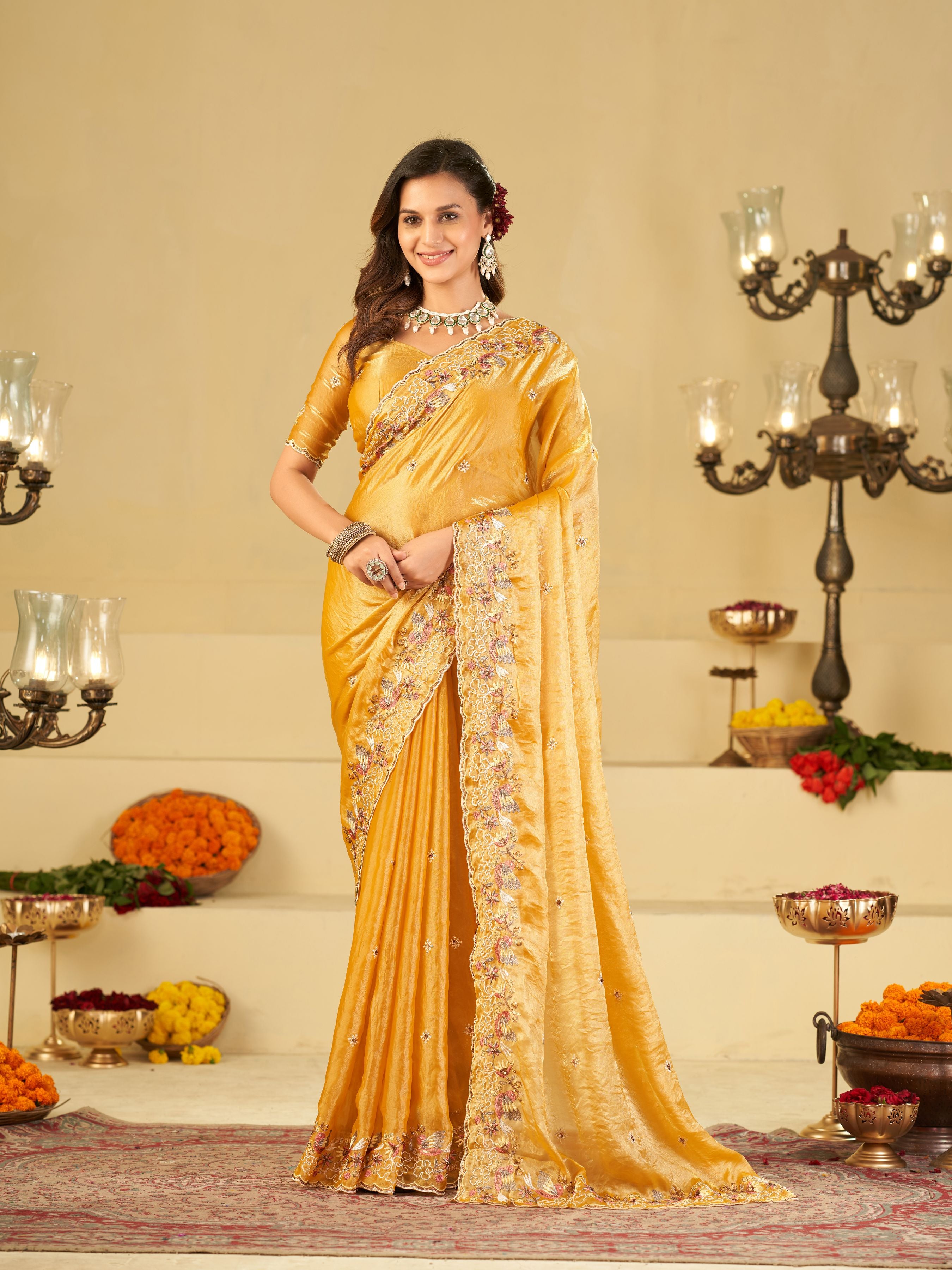 Mustard Yellow Fendy Satin Saree with Multicolor Floral Embroidery Border | Elegant Designer Party Wear Saree with Blouse