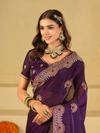 Royal Purple Designer Fendy Satin Saree with Heavy Embroidered Border | Premium Festive Party Wear Saree with Elegant Floral Embroidery & Matching Blouse