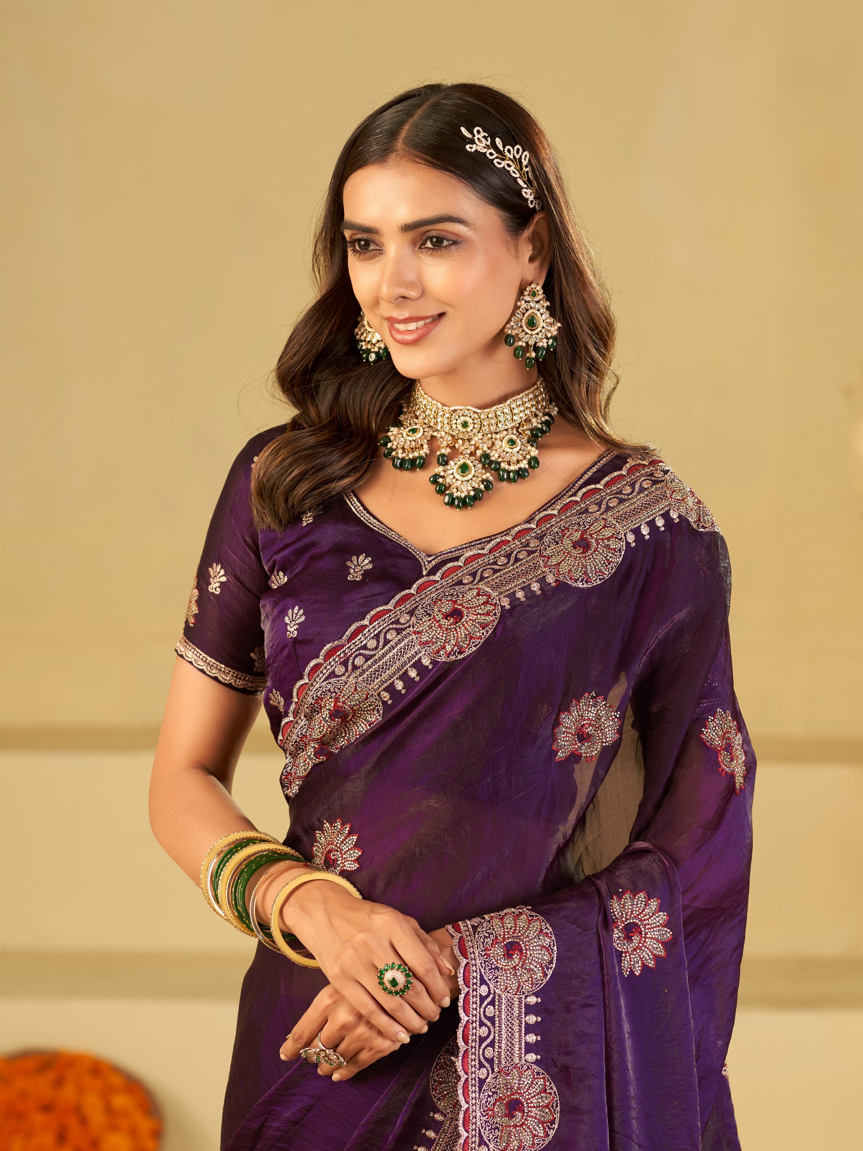 Royal Purple Designer Fendy Satin Saree with Heavy Embroidered Border | Premium Festive Party Wear Saree with Elegant Floral Embroidery & Matching Blouse