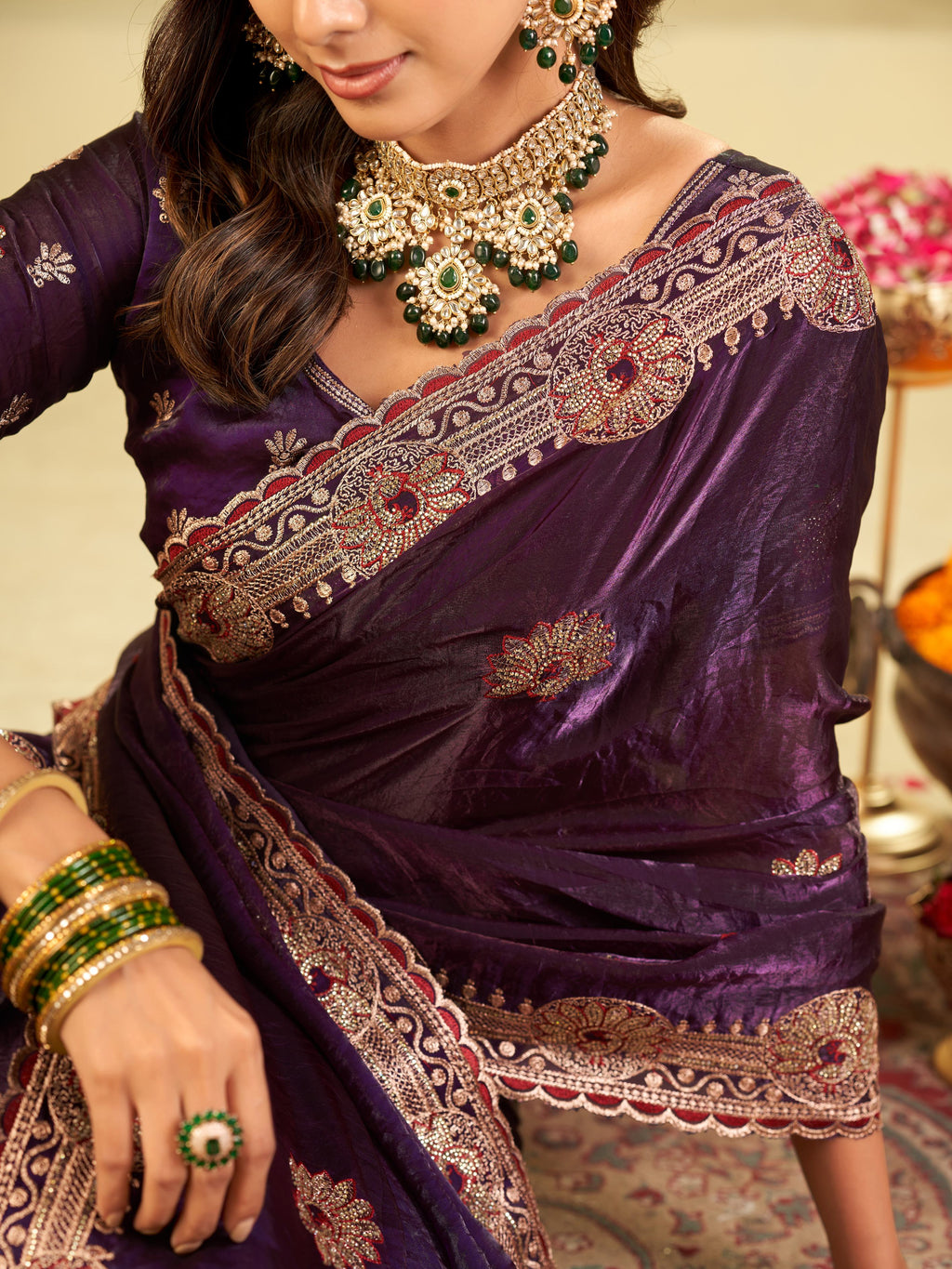 Royal Purple Designer Fendy Satin Saree with Heavy Embroidered Border | Premium Festive Party Wear Saree with Elegant Floral Embroidery & Matching Blouse