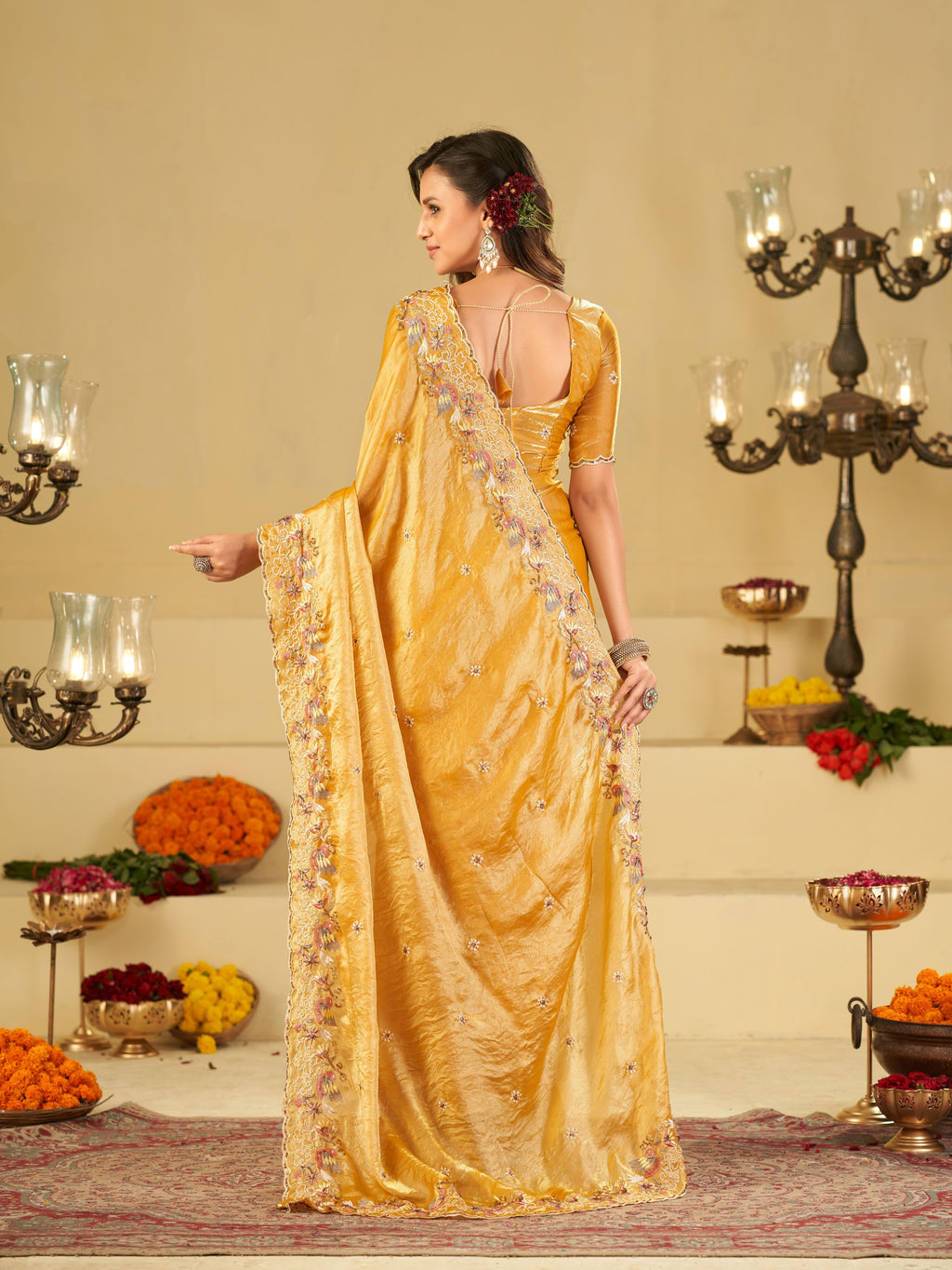 Mustard Yellow Fendy Satin Saree with Multicolor Floral Embroidery Border | Elegant Designer Party Wear Saree with Blouse