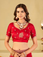 Ruby Red Designer Fendy Satin Saree with Floral Embroidery Work | Premium Wedding & Party Wear Embroidered Saree with Blouse