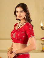 Ruby Red Designer Fendy Satin Saree with Floral Embroidery Work | Premium Wedding & Party Wear Embroidered Saree with Blouse