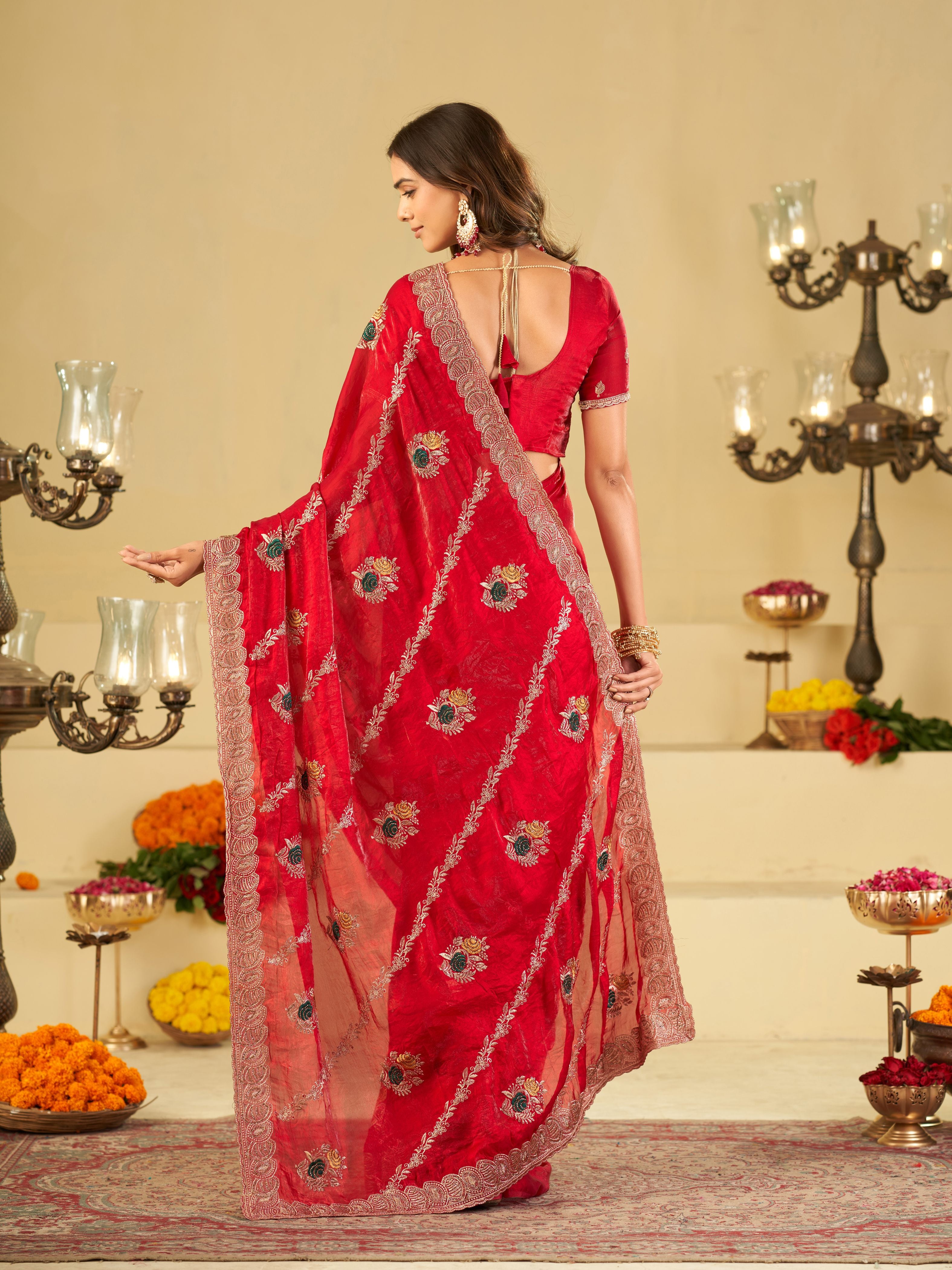 Ruby Red Designer Fendy Satin Saree with Floral Embroidery Work | Premium Wedding & Party Wear Embroidered Saree with Blouse