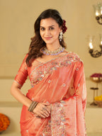 Peach Pink Fendy Satin Saree with Multicolor Floral Embroidery Border | Elegant Designer Party Wear Saree with Blouse