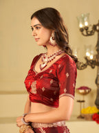 Wine Red Designer Fendy Satin Saree with Floral Embroidery Work | Premium Party Wear Embroidered Saree with Blouse
