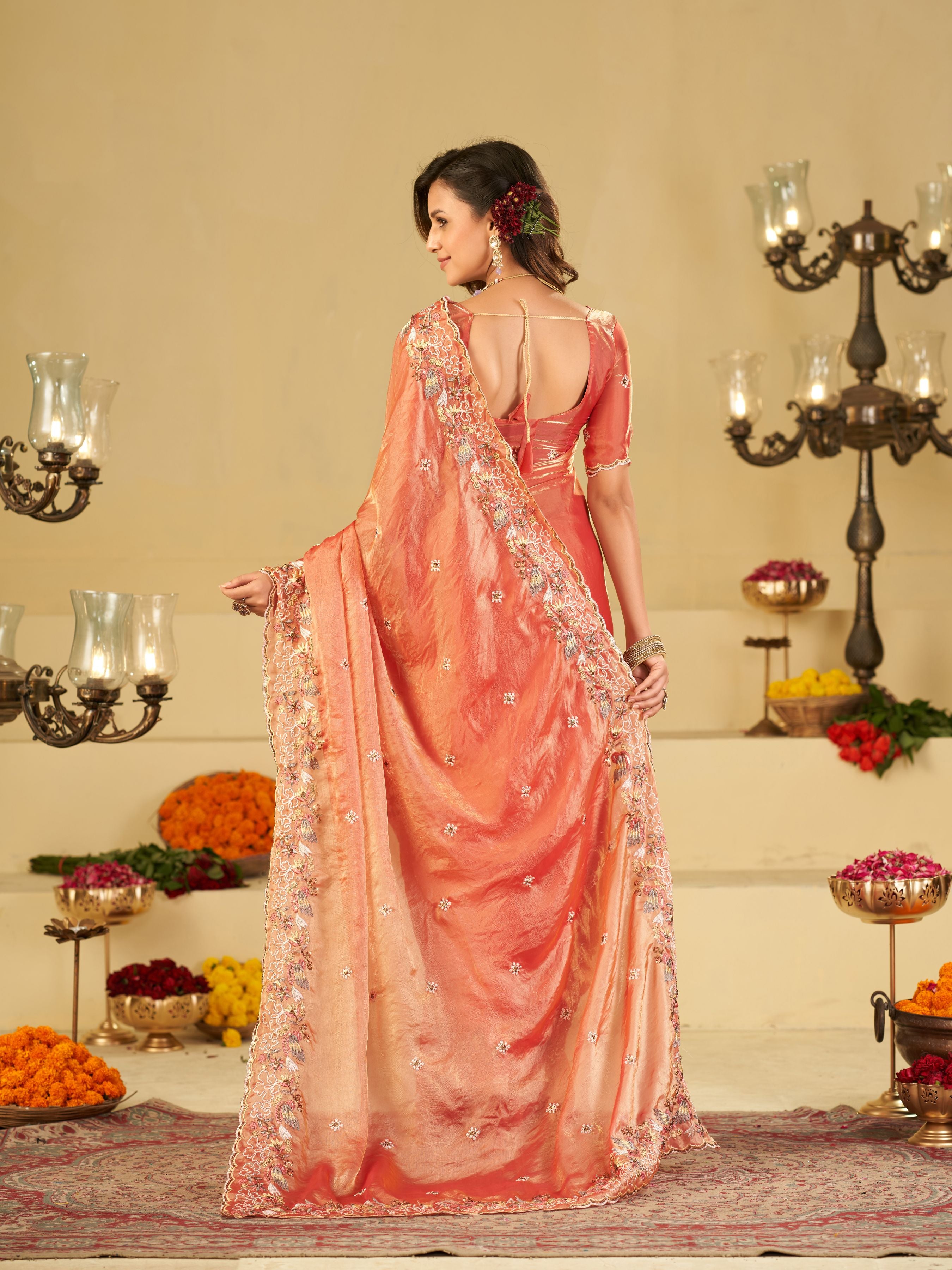 Peach Pink Fendy Satin Saree with Multicolor Floral Embroidery Border | Elegant Designer Party Wear Saree with Blouse