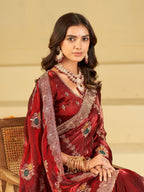 Wine Red Designer Fendy Satin Saree with Floral Embroidery Work | Premium Party Wear Embroidered Saree with Blouse