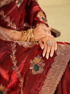 Wine Red Designer Fendy Satin Saree with Floral Embroidery Work | Premium Party Wear Embroidered Saree with Blouse