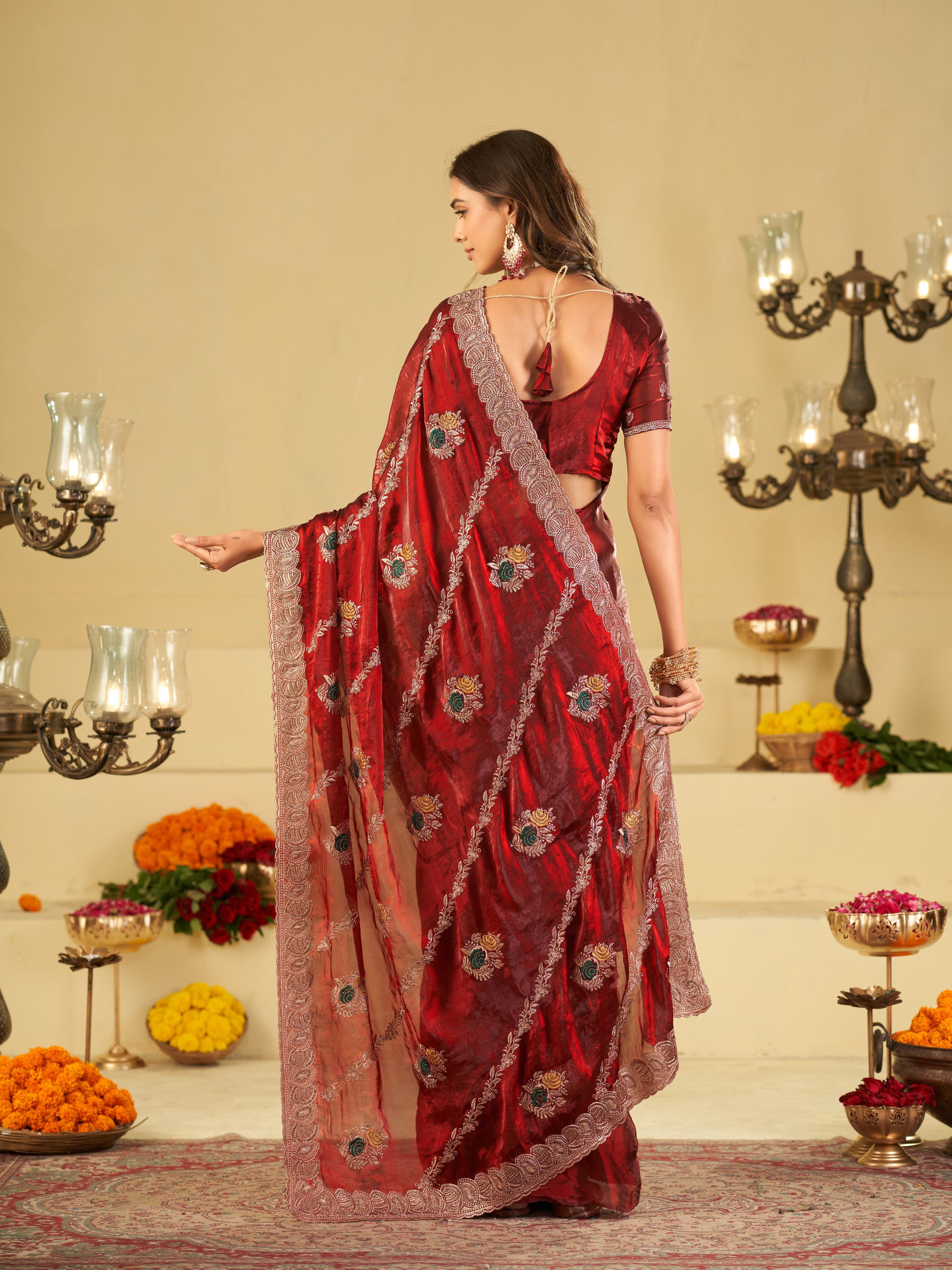 Wine Red Designer Fendy Satin Saree with Floral Embroidery Work | Premium Party Wear Embroidered Saree with Blouse