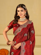 Ruby Red Designer Fendy Satin Saree with Heavy Embroidered Border | Premium Festive Party Wear Saree with Elegant Floral Embroidery & Matching Blouse