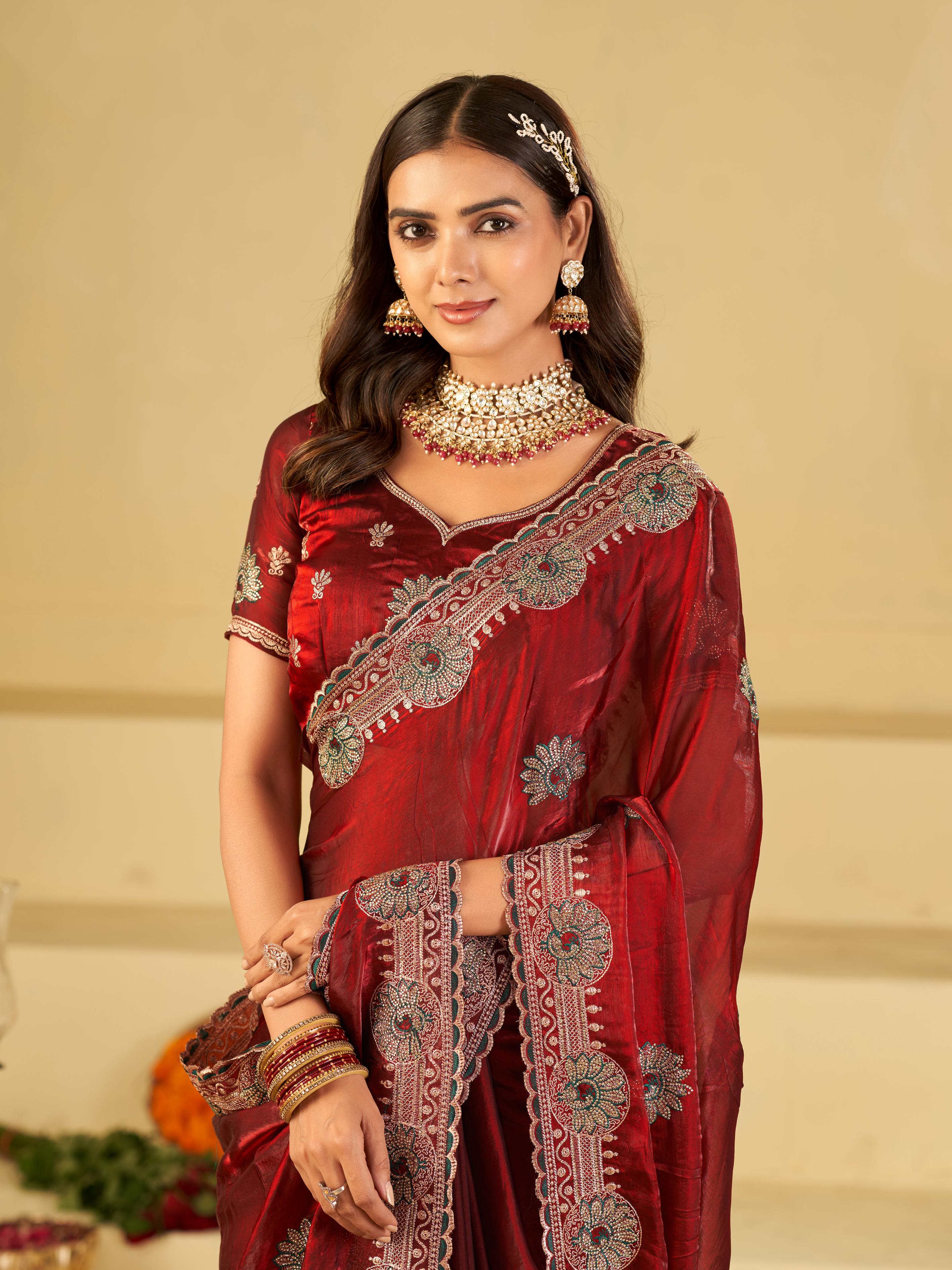 Ruby Red Designer Fendy Satin Saree with Heavy Embroidered Border | Premium Festive Party Wear Saree with Elegant Floral Embroidery & Matching Blouse