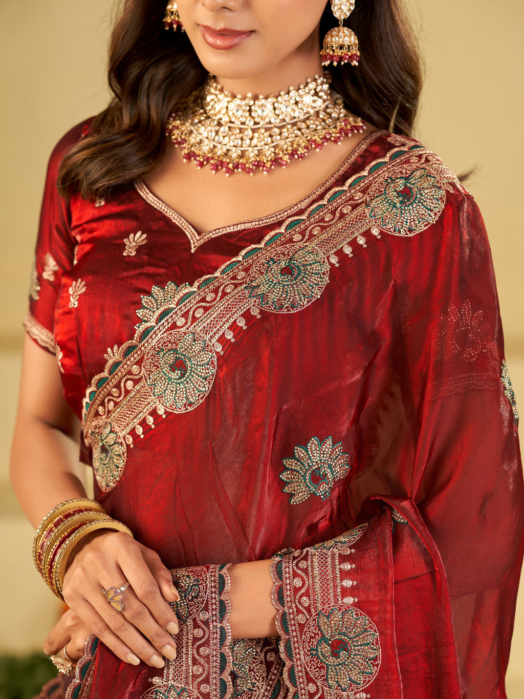 Ruby Red Designer Fendy Satin Saree with Heavy Embroidered Border | Premium Festive Party Wear Saree with Elegant Floral Embroidery & Matching Blouse