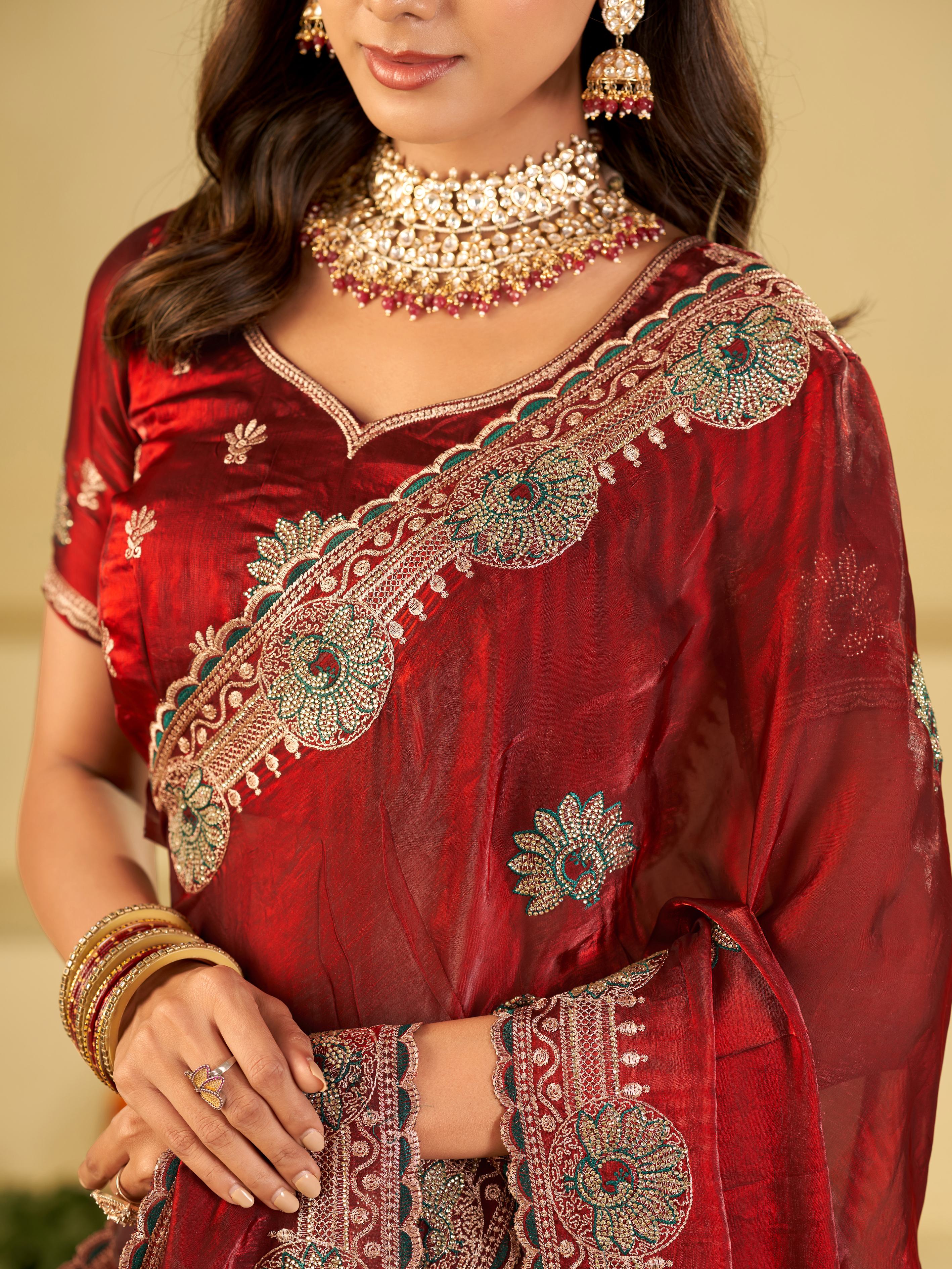 Ruby Red Designer Fendy Satin Saree with Heavy Embroidered Border | Premium Festive Party Wear Saree with Elegant Floral Embroidery & Matching Blouse