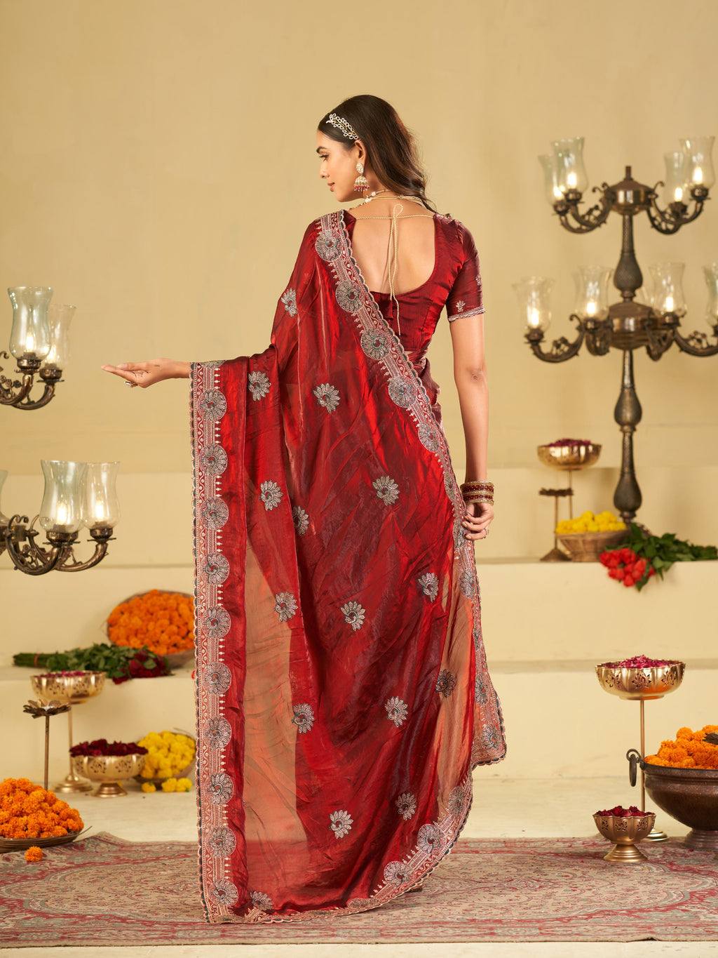 Ruby Red Designer Fendy Satin Saree with Heavy Embroidered Border | Premium Festive Party Wear Saree with Elegant Floral Embroidery & Matching Blouse