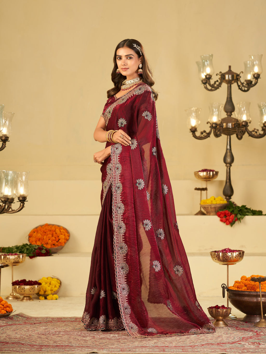 Wine Maroon Designer Fendy Satin Saree with Heavy Embroidered Border | Elegant Party Wear Festive Saree with Floral Embroidery & Matching Blouse