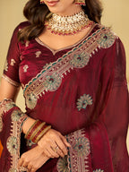 Wine Maroon Designer Fendy Satin Saree with Heavy Embroidered Border | Elegant Party Wear Festive Saree with Floral Embroidery & Matching Blouse