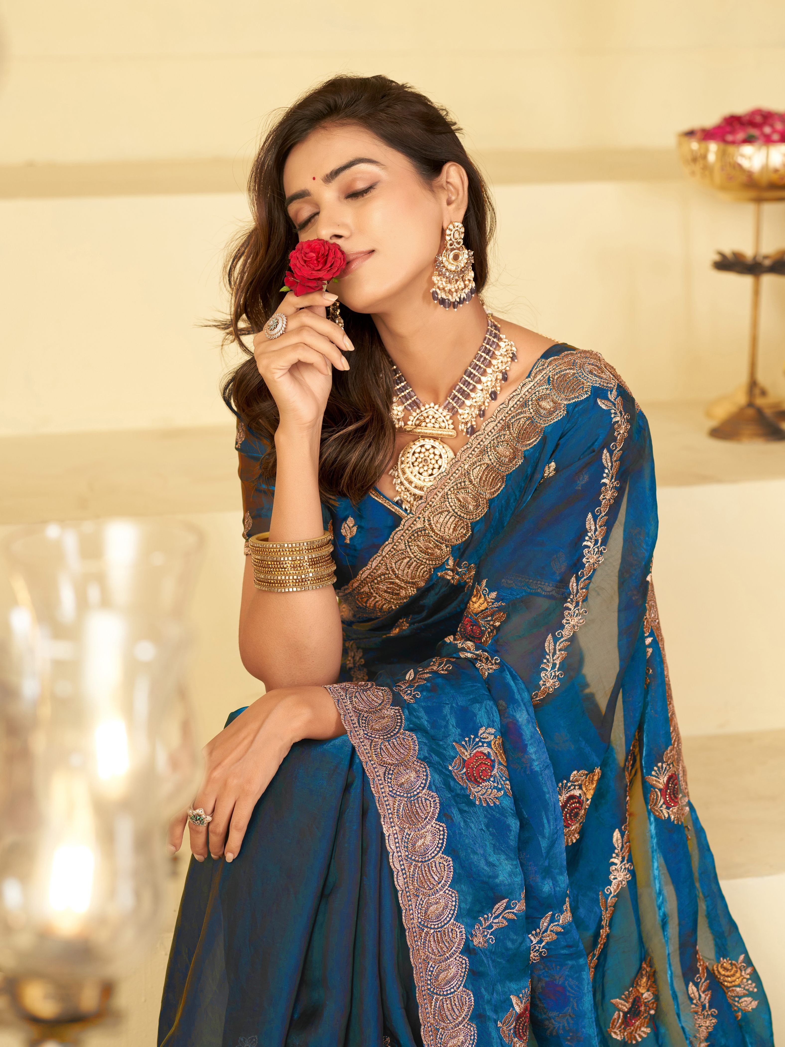 Teal Blue Designer Fendy Satin Saree with Floral Embroidery Work | Premium Party Wear Embroidered Saree with Blouse