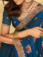 Teal Blue Designer Fendy Satin Saree with Floral Embroidery Work | Premium Party Wear Embroidered Saree with Blouse