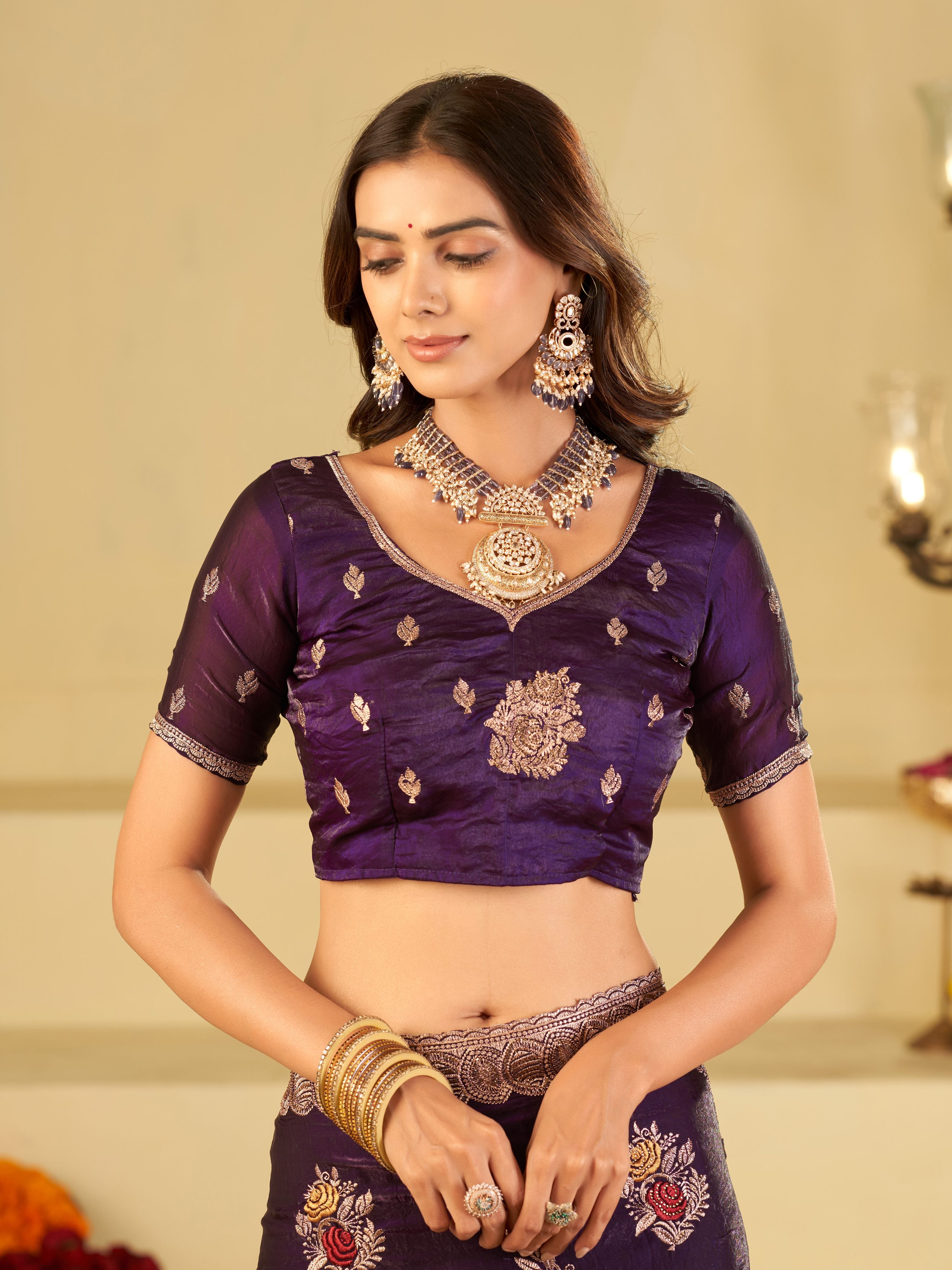 Royal Purple Designer Fendy Satin Saree with Floral Embroidery Work | Premium Party Wear Embroidered Saree with Blouse