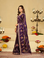 Royal Purple Designer Fendy Satin Saree with Floral Embroidery Work | Premium Party Wear Embroidered Saree with Blouse