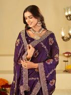 Royal Purple Designer Fendy Satin Saree with Floral Embroidery Work | Premium Party Wear Embroidered Saree with Blouse