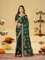 Emerald Green Designer Fendy Satin Saree with Floral Embroidery Work | Premium Party Wear Embroidered Saree with Blouse