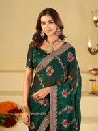 Emerald Green Designer Fendy Satin Saree with Floral Embroidery Work | Premium Party Wear Embroidered Saree with Blouse