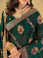 Emerald Green Designer Fendy Satin Saree with Floral Embroidery Work | Premium Party Wear Embroidered Saree with Blouse