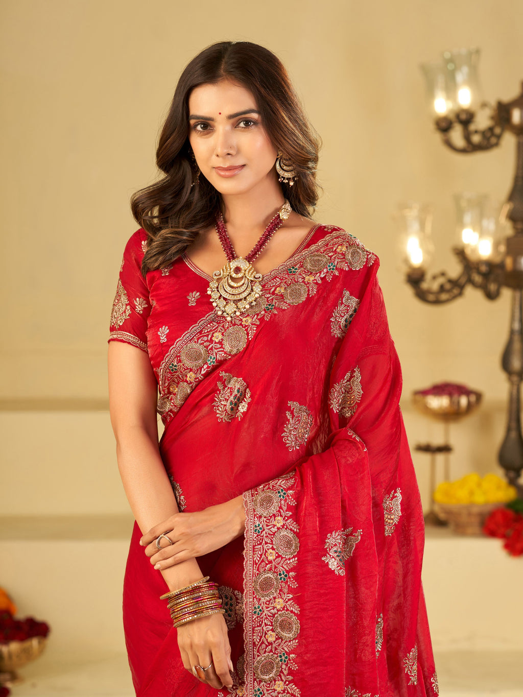 Rani Pink Designer Fendy Satin Saree with Heavy Embroidery Work | Premium Wedding Party Wear Saree with Embroidered Border & Blouse