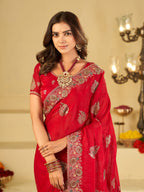 Rani Pink Designer Fendy Satin Saree with Heavy Embroidery Work | Premium Wedding Party Wear Saree with Embroidered Border & Blouse