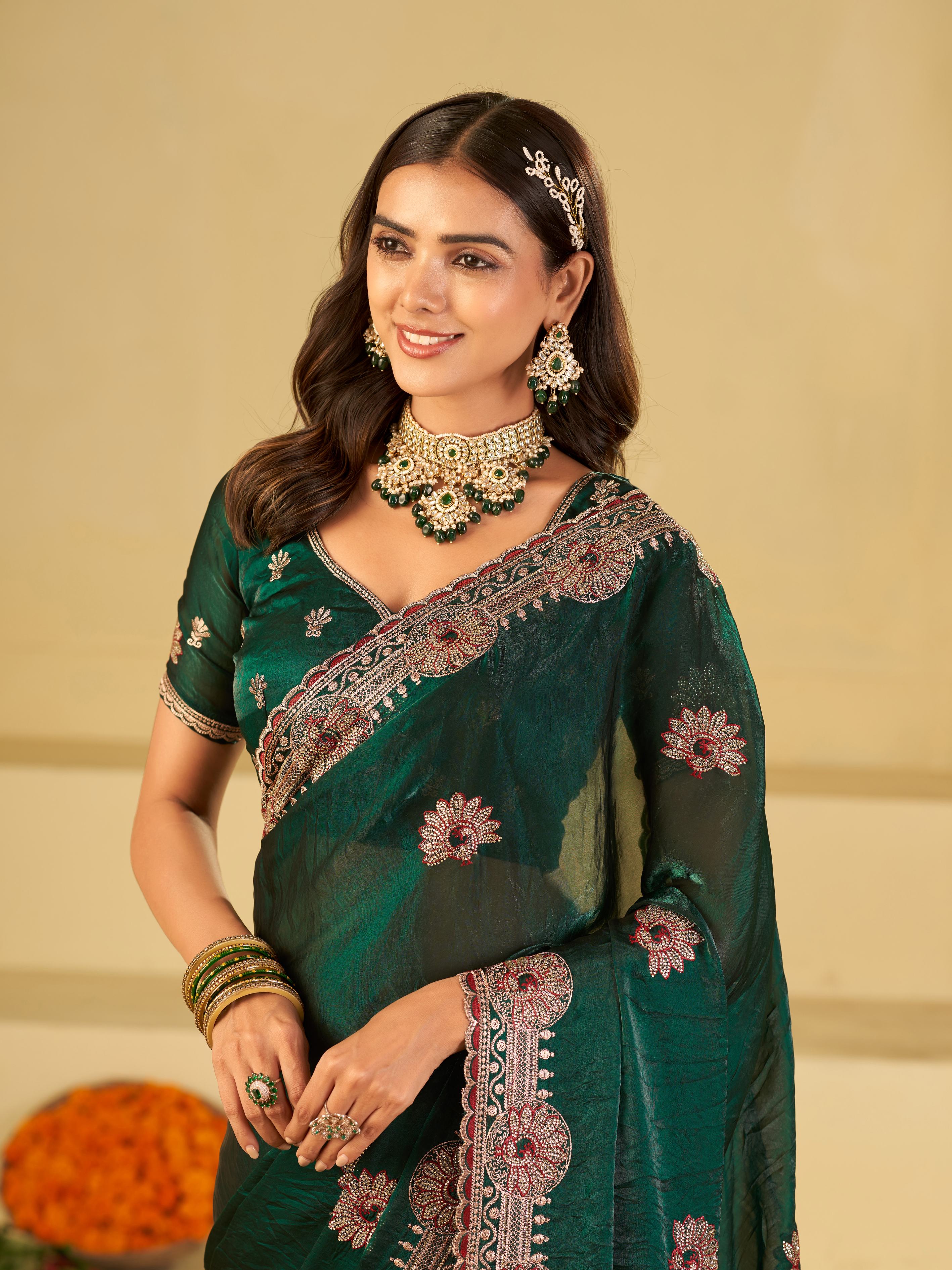 Emerald Green Designer Fendy Satin Saree with Heavy Embroidered Border | Premium Festive Party Wear Saree with Elegant Floral Embroidery & Matching Blouse