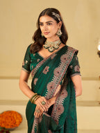 Emerald Green Designer Fendy Satin Saree with Heavy Embroidered Border | Premium Festive Party Wear Saree with Elegant Floral Embroidery & Matching Blouse
