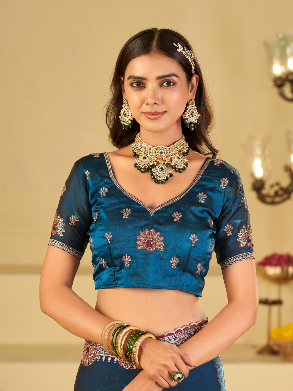 Royal Blue Designer Fendy Satin Saree with Heavy Embroidered Border | Premium Festive Party Wear Saree with Elegant Floral Embroidery & Matching Blouse