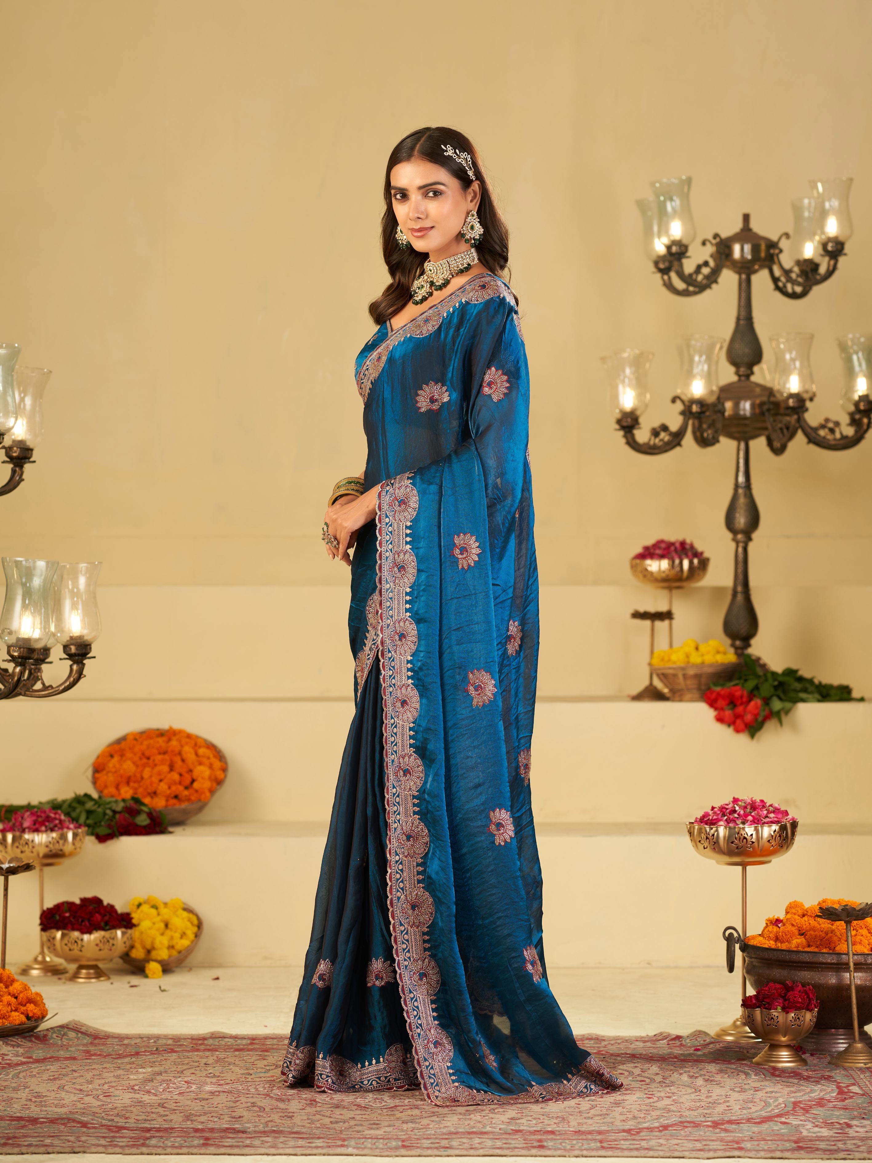 Royal Blue Designer Fendy Satin Saree with Heavy Embroidered Border | Premium Festive Party Wear Saree with Elegant Floral Embroidery & Matching Blouse