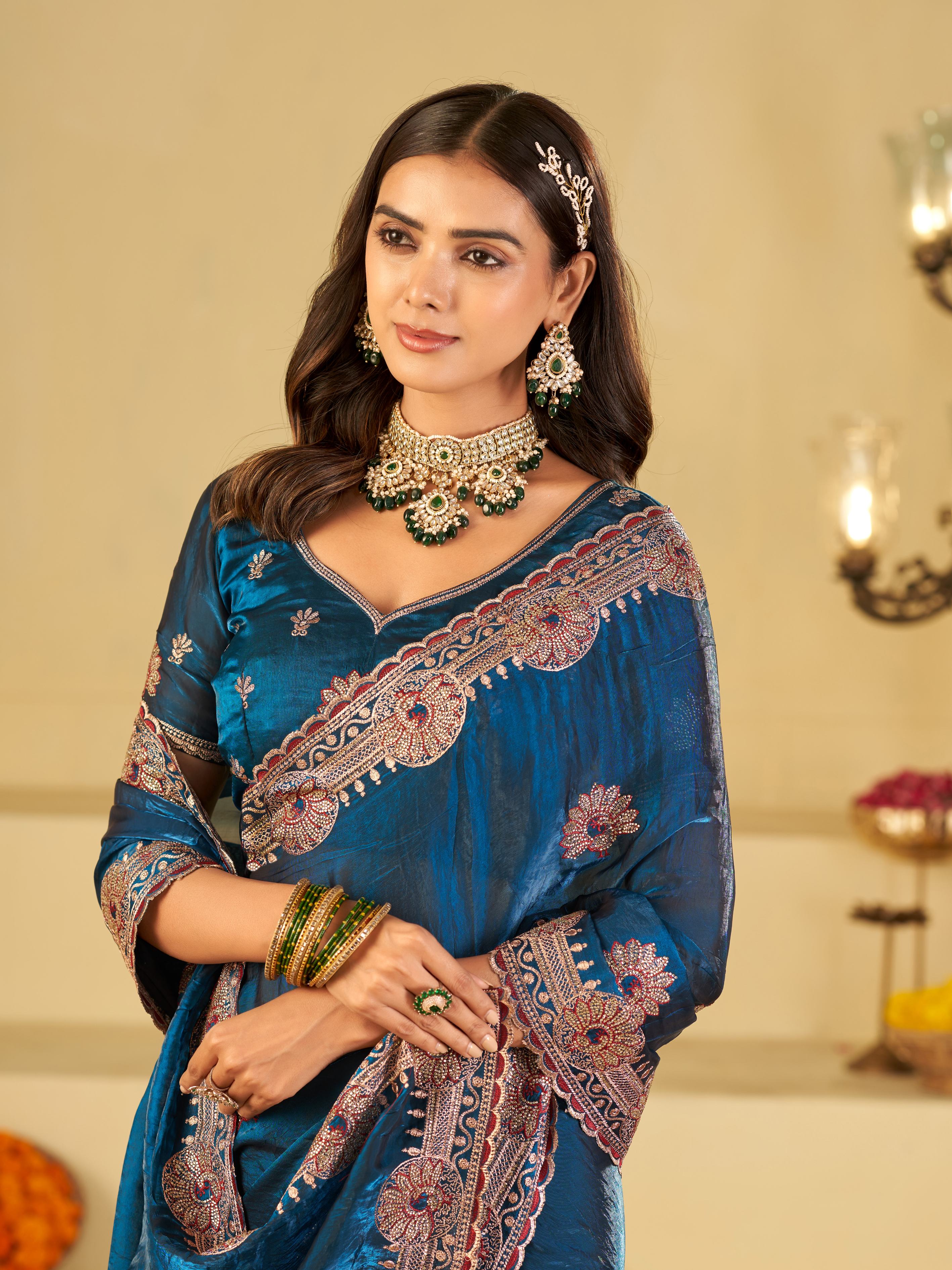 Royal Blue Designer Fendy Satin Saree with Heavy Embroidered Border | Premium Festive Party Wear Saree with Elegant Floral Embroidery & Matching Blouse