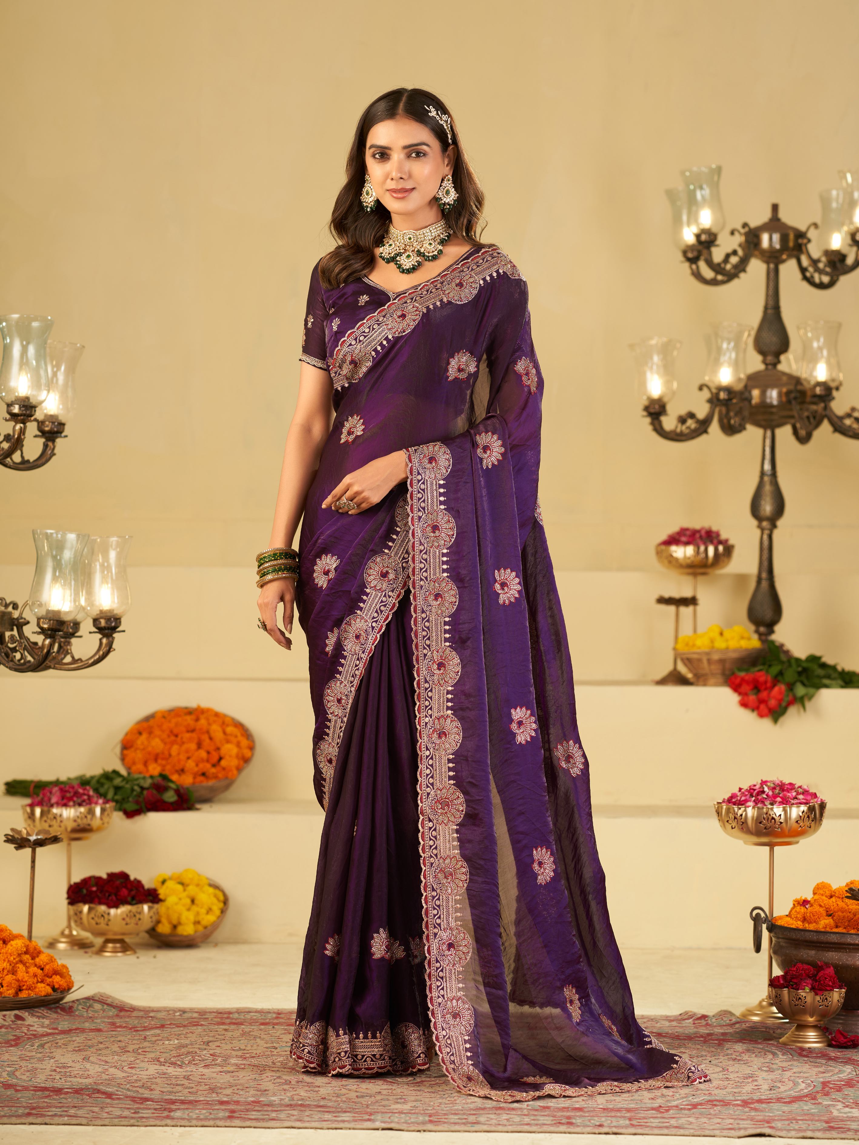 Royal Purple Designer Fendy Satin Saree with Heavy Embroidered Border | Premium Festive Party Wear Saree with Elegant Floral Embroidery & Matching Blouse