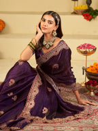Royal Purple Designer Fendy Satin Saree with Heavy Embroidered Border | Premium Festive Party Wear Saree with Elegant Floral Embroidery & Matching Blouse