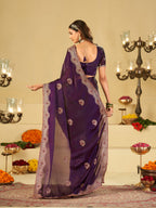 Royal Purple Designer Fendy Satin Saree with Heavy Embroidered Border | Premium Festive Party Wear Saree with Elegant Floral Embroidery & Matching Blouse