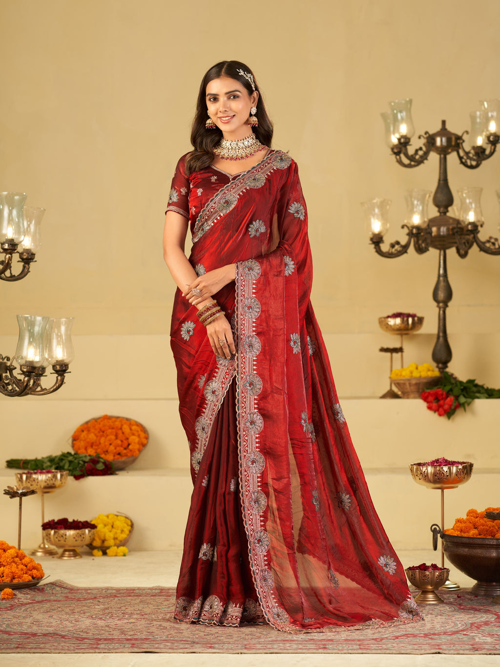 Ruby Red Designer Fendy Satin Saree with Heavy Embroidered Border | Premium Festive Party Wear Saree with Elegant Floral Embroidery & Matching Blouse
