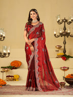 Ruby Red Designer Fendy Satin Saree with Heavy Embroidered Border | Premium Festive Party Wear Saree with Elegant Floral Embroidery & Matching Blouse