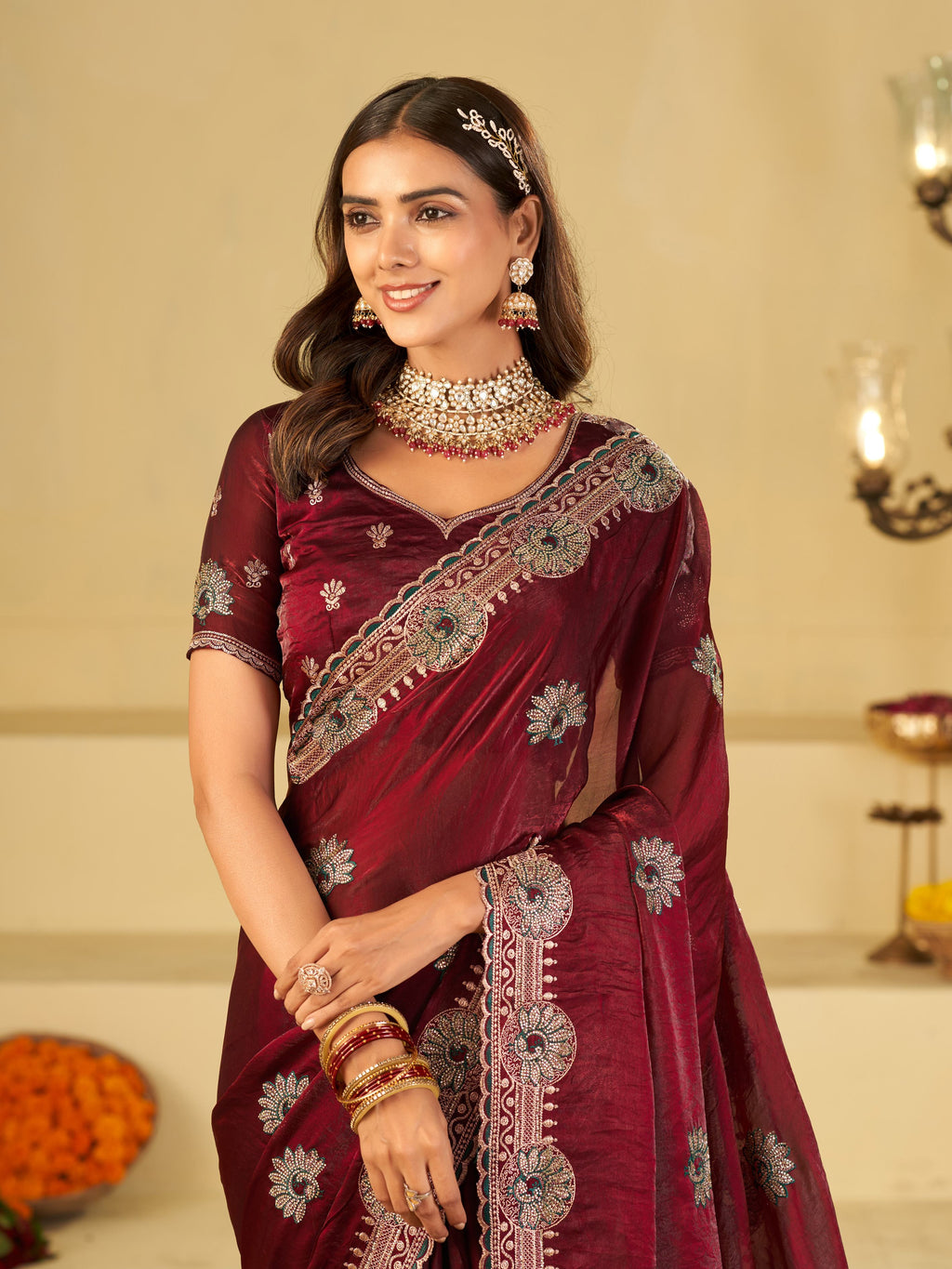 Wine Maroon Designer Fendy Satin Saree with Heavy Embroidered Border | Elegant Party Wear Festive Saree with Floral Embroidery & Matching Blouse