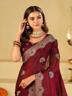 Wine Maroon Designer Fendy Satin Saree with Heavy Embroidered Border | Elegant Party Wear Festive Saree with Floral Embroidery & Matching Blouse