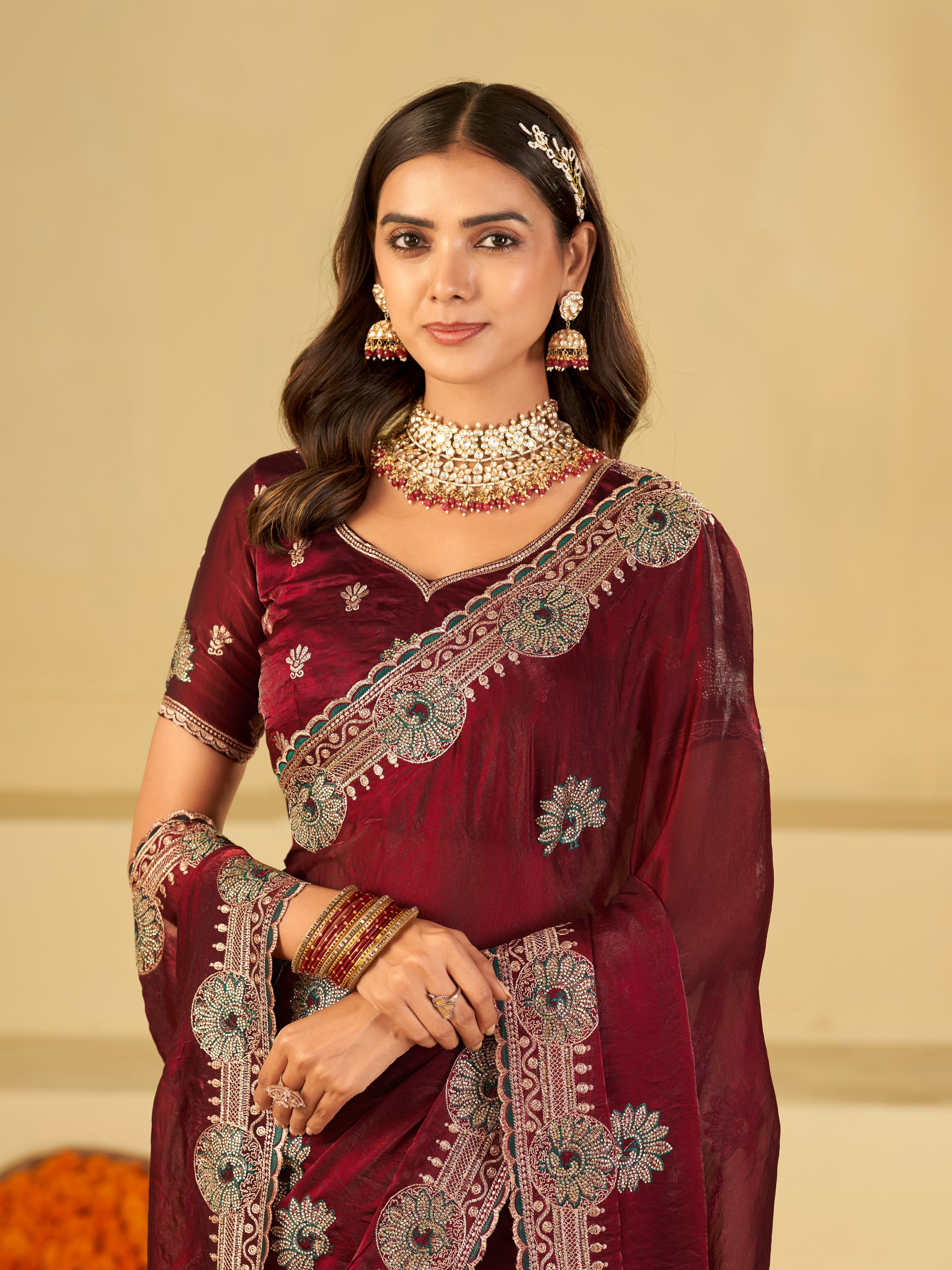 Wine Maroon Designer Fendy Satin Saree with Heavy Embroidered Border | Elegant Party Wear Festive Saree with Floral Embroidery & Matching Blouse