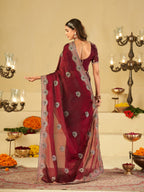 Wine Maroon Designer Fendy Satin Saree with Heavy Embroidered Border | Elegant Party Wear Festive Saree with Floral Embroidery & Matching Blouse