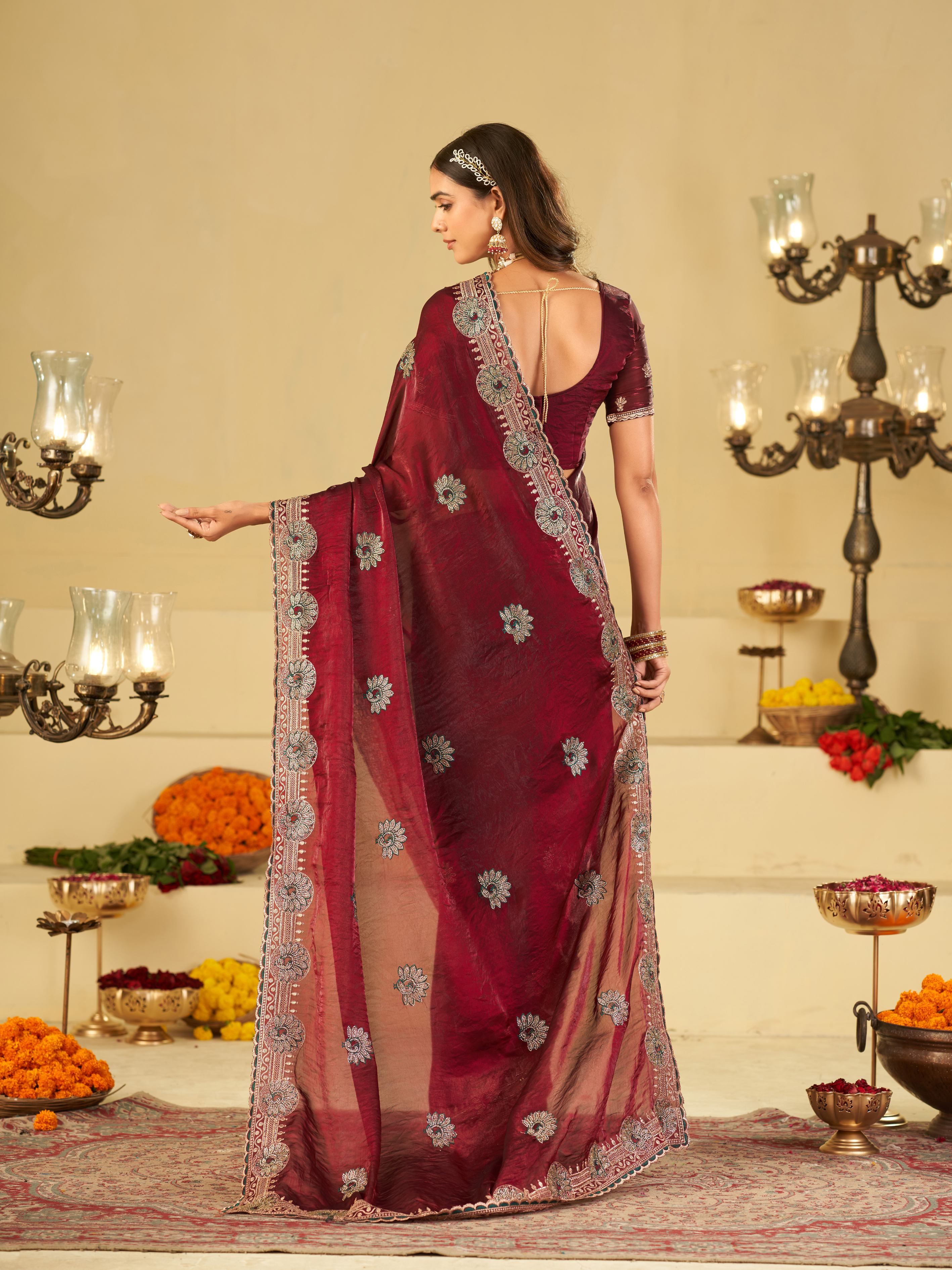 Wine Maroon Designer Fendy Satin Saree with Heavy Embroidered Border | Elegant Party Wear Festive Saree with Floral Embroidery & Matching Blouse