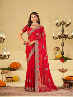 Rani Pink Designer Fendy Satin Saree with Heavy Embroidered Border | Elegant Festive Party Wear Saree with Floral Embroidery & Matching Blouse