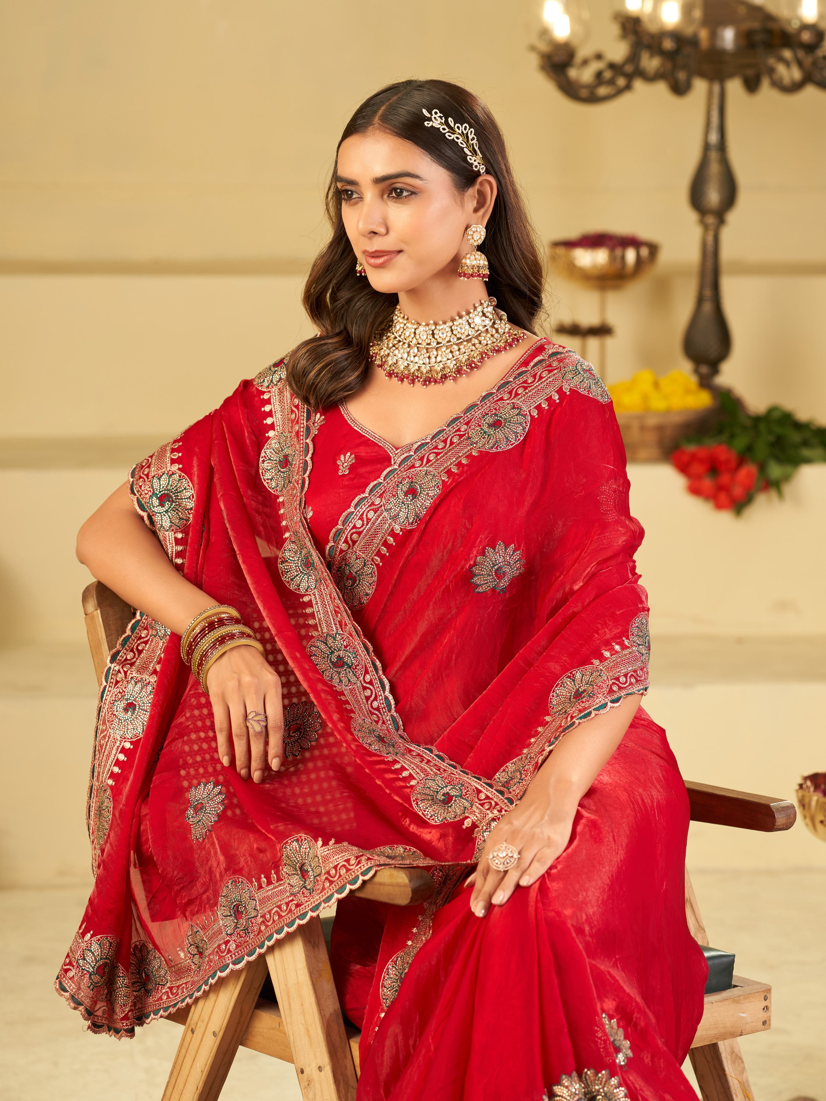 Rani Pink Designer Fendy Satin Saree with Heavy Embroidered Border | Elegant Festive Party Wear Saree with Floral Embroidery & Matching Blouse