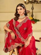 Rani Pink Designer Fendy Satin Saree with Heavy Embroidered Border | Elegant Festive Party Wear Saree with Floral Embroidery & Matching Blouse